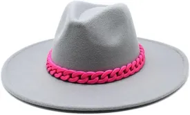 DHAEY New Large Brim Concave-Convex Top Woolen Top Hat Autumn and Winter Jazz Hat British Fashion Felt Hat with Red Chain Luopan Caps & Hats (Color : Light Grey, Size : 56-58cm)