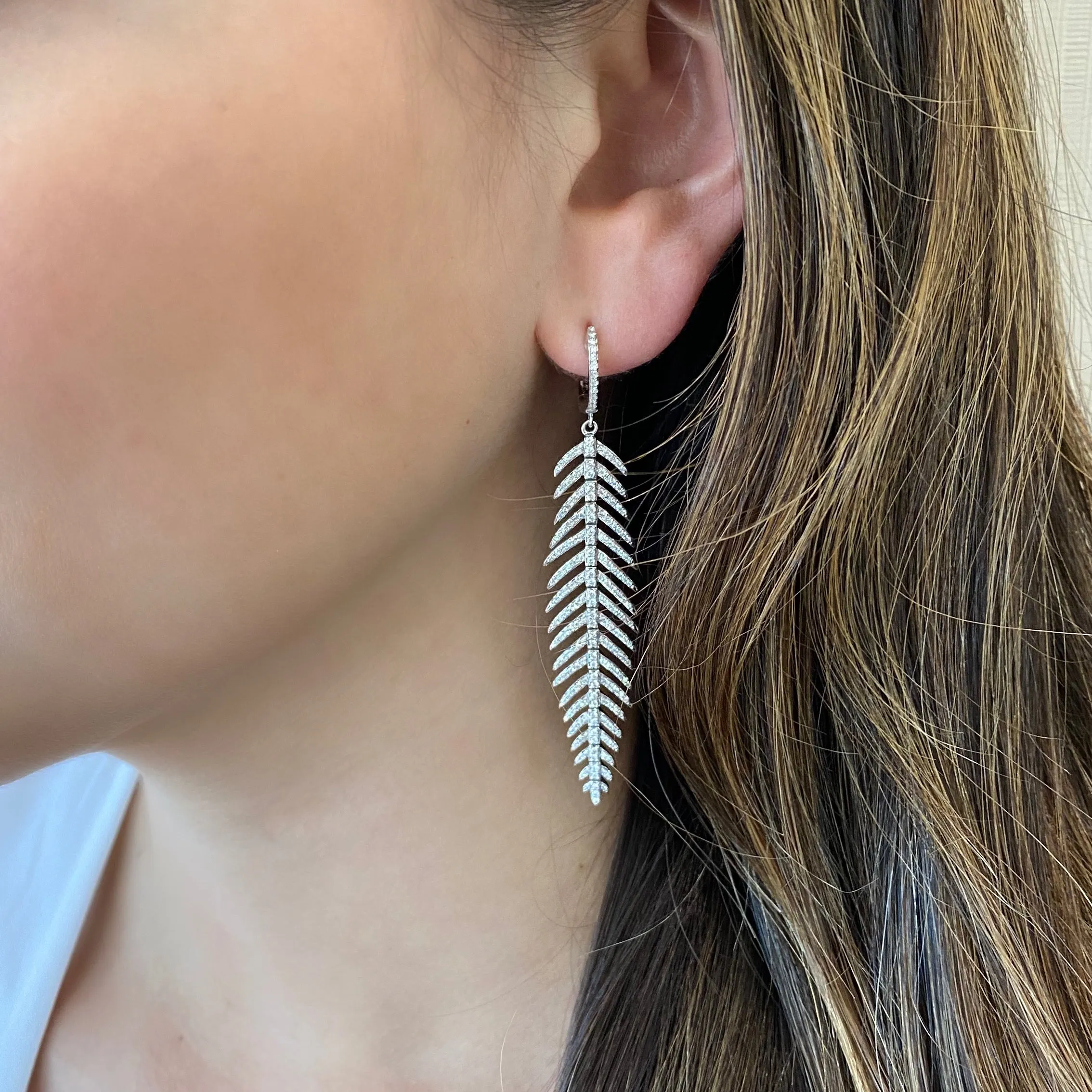 Diamond Feather Dangle Earrings