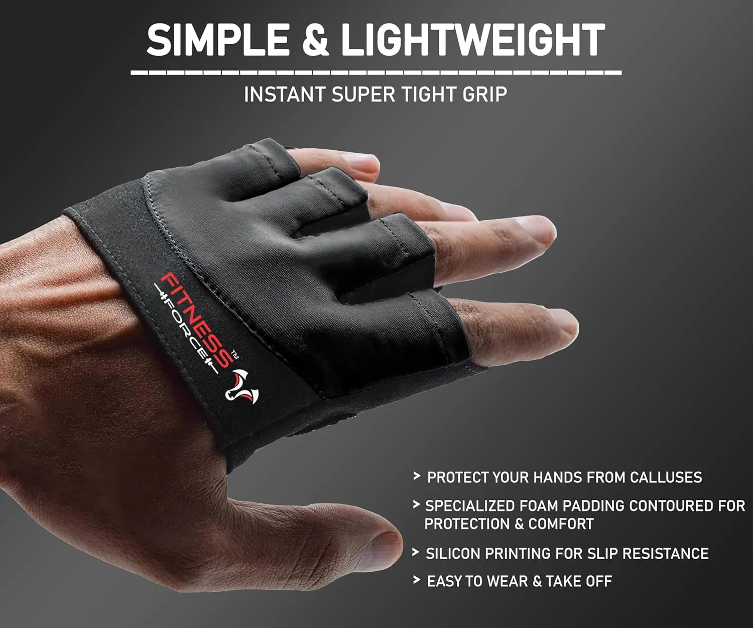 FITNESS FORCE Workout Gloves for Men & Women - Partial Weight Lifting Gloves with Non-Slip Gym Grip, Calluses Guard & Fingerless Design for Exercise