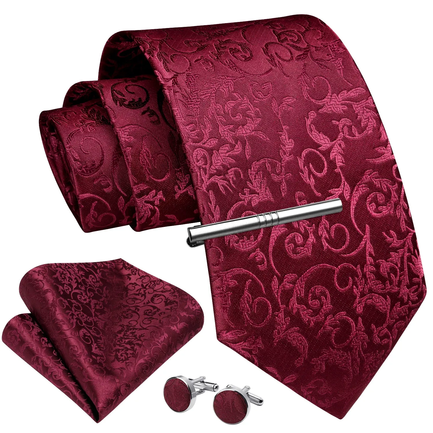 Floral Tie Handkerchief Cufflinks Clip - D1-BURGUNDY