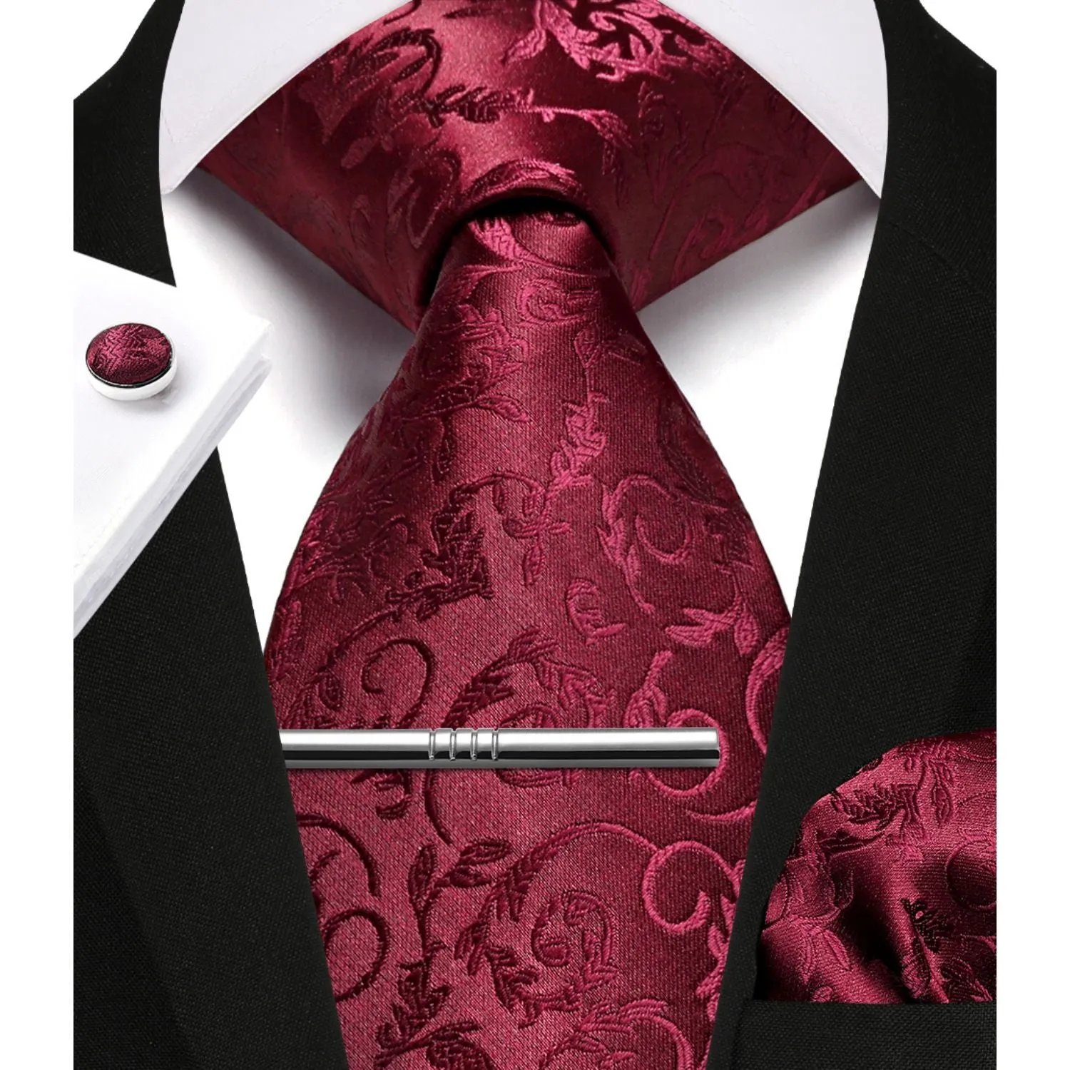 Floral Tie Handkerchief Cufflinks Clip - D1-BURGUNDY