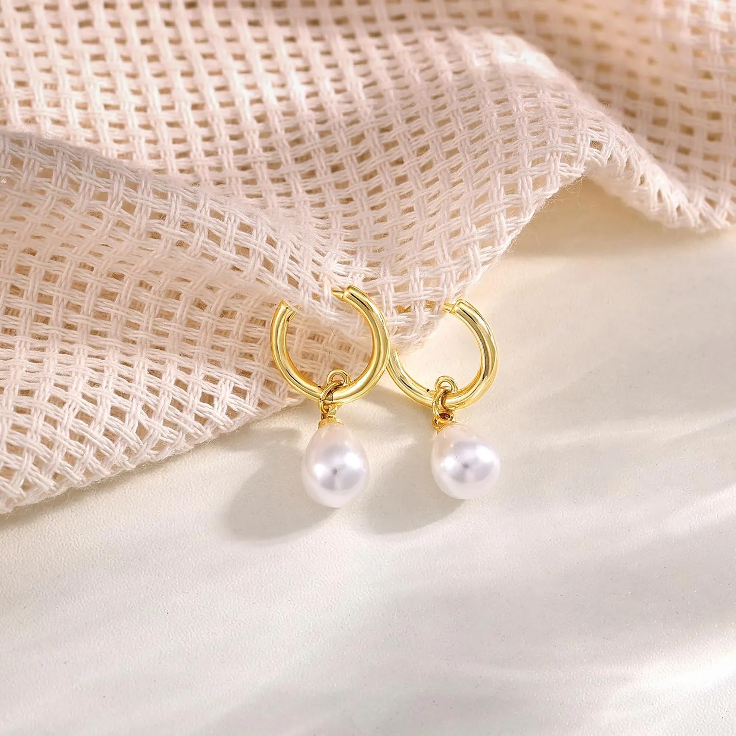 Gold Pearl Dangle Earrings for Women, 14K Gold Plated Small Pearl Drop Huggie Hoop Earrings, Hypoallergenic Dainty Gold Earrings Wedding Jewelry Gifts for Women Trendy