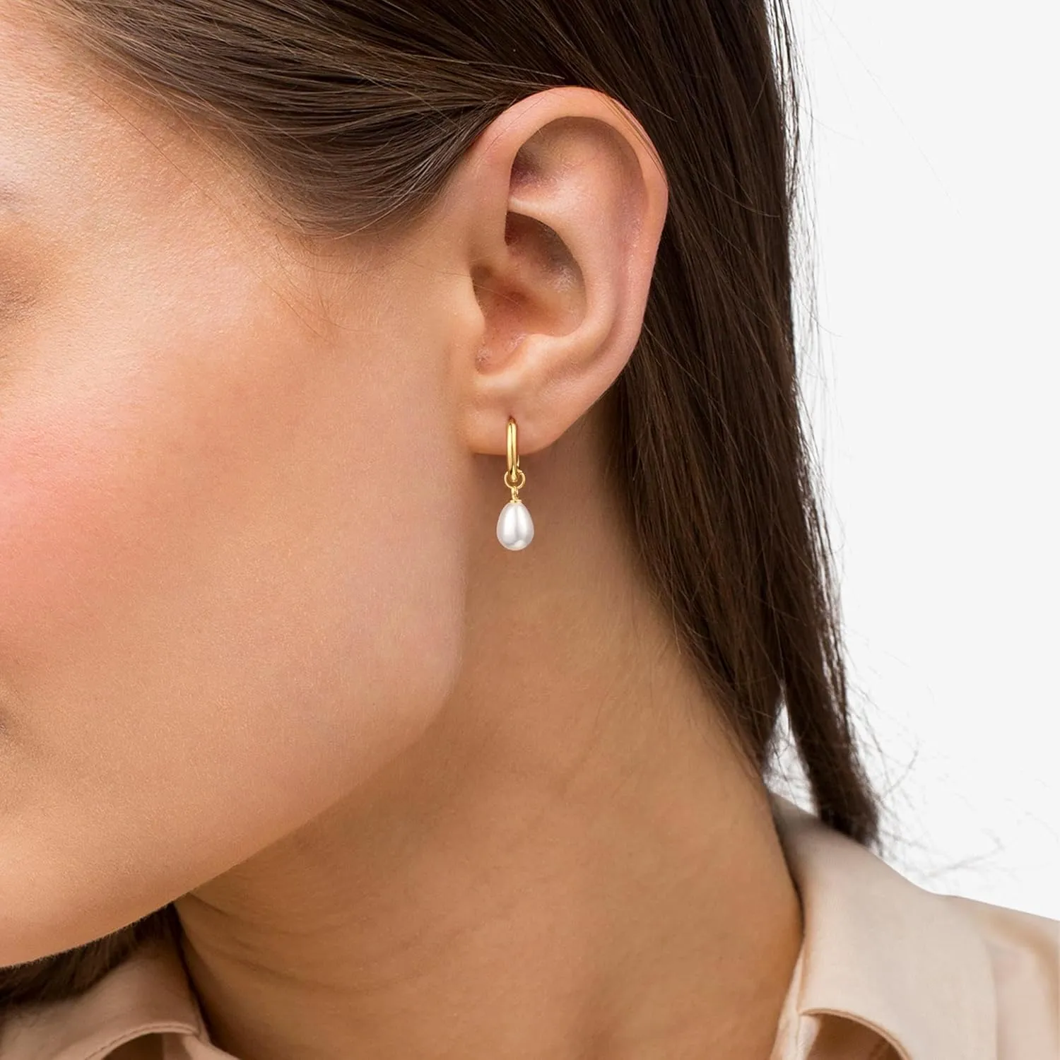Gold Pearl Dangle Earrings for Women, 14K Gold Plated Small Pearl Drop Huggie Hoop Earrings, Hypoallergenic Dainty Gold Earrings Wedding Jewelry Gifts for Women Trendy