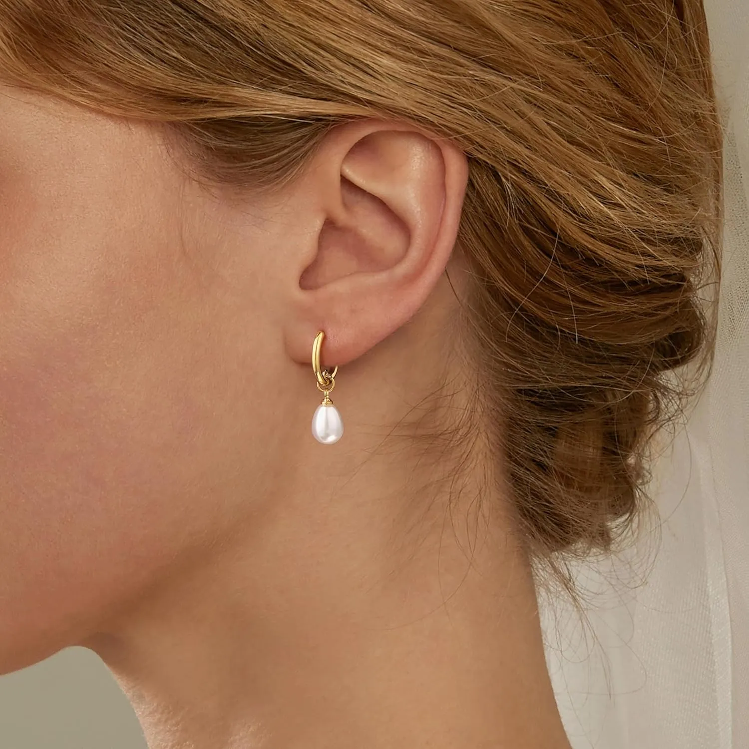 Gold Pearl Dangle Earrings for Women, 14K Gold Plated Small Pearl Drop Huggie Hoop Earrings, Hypoallergenic Dainty Gold Earrings Wedding Jewelry Gifts for Women Trendy