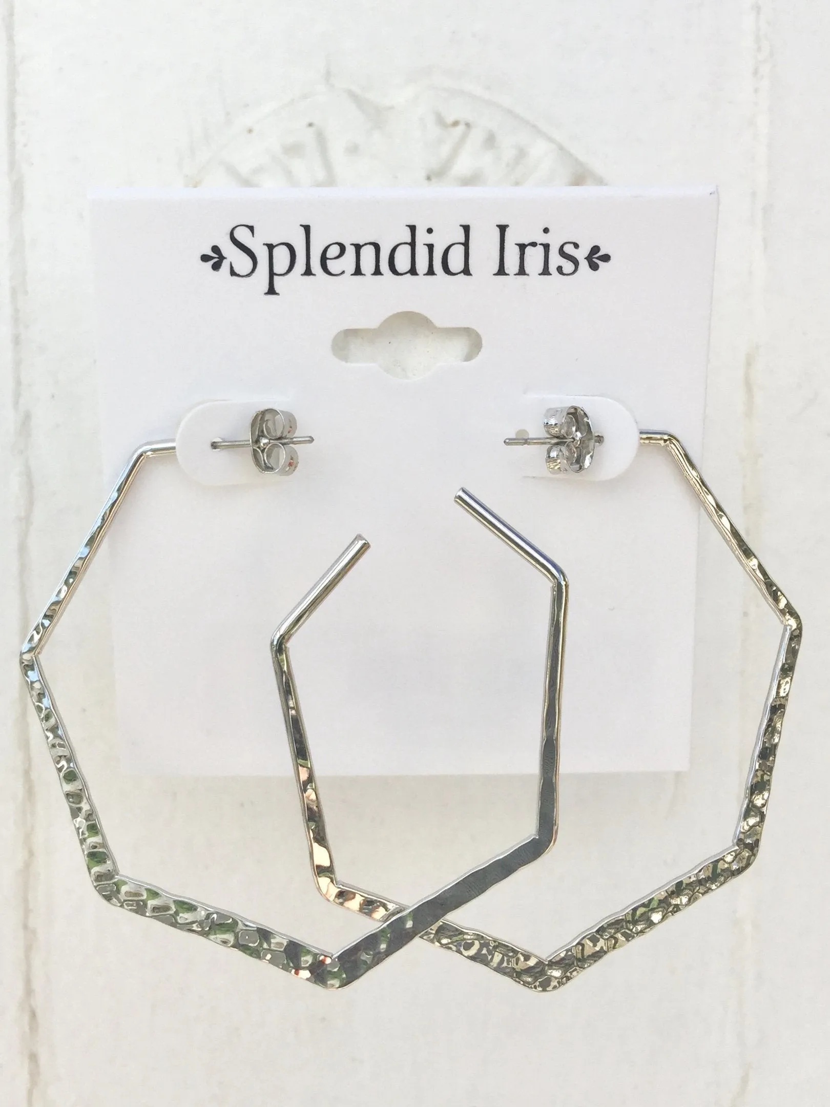 Hammered Hexagon Hoop Earrings (Silver)