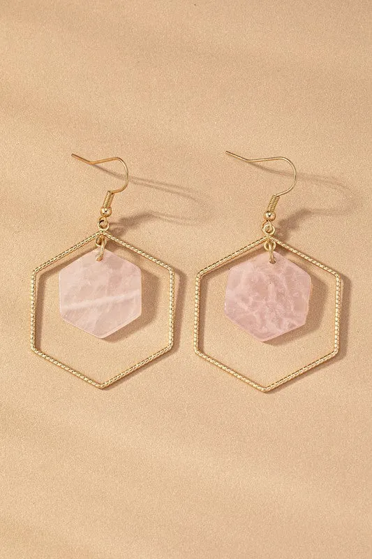 Hexagon hoop and stone drop earrings