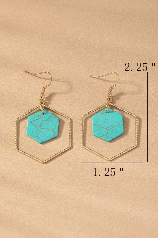 Hexagon hoop and stone drop earrings