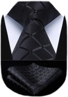 HISDERN Plaid Checkered Tie Handkerchief Woven Classic Formal Men's Necktie & Pocket Square Set