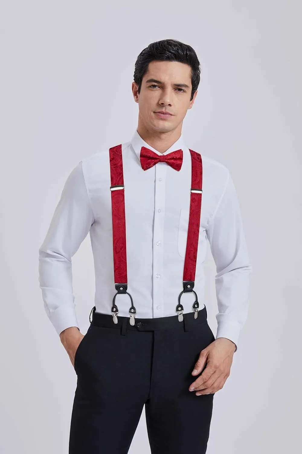 HISDERN Suspenders for Men Paisley Floral Bow tie Suspender Pocket Square Sets Adjustable Y Shape 6 Clips Wedding Braces
