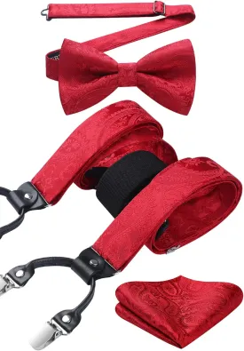 HISDERN Suspenders for Men Paisley Floral Bow tie Suspender Pocket Square Sets Adjustable Y Shape 6 Clips Wedding Braces