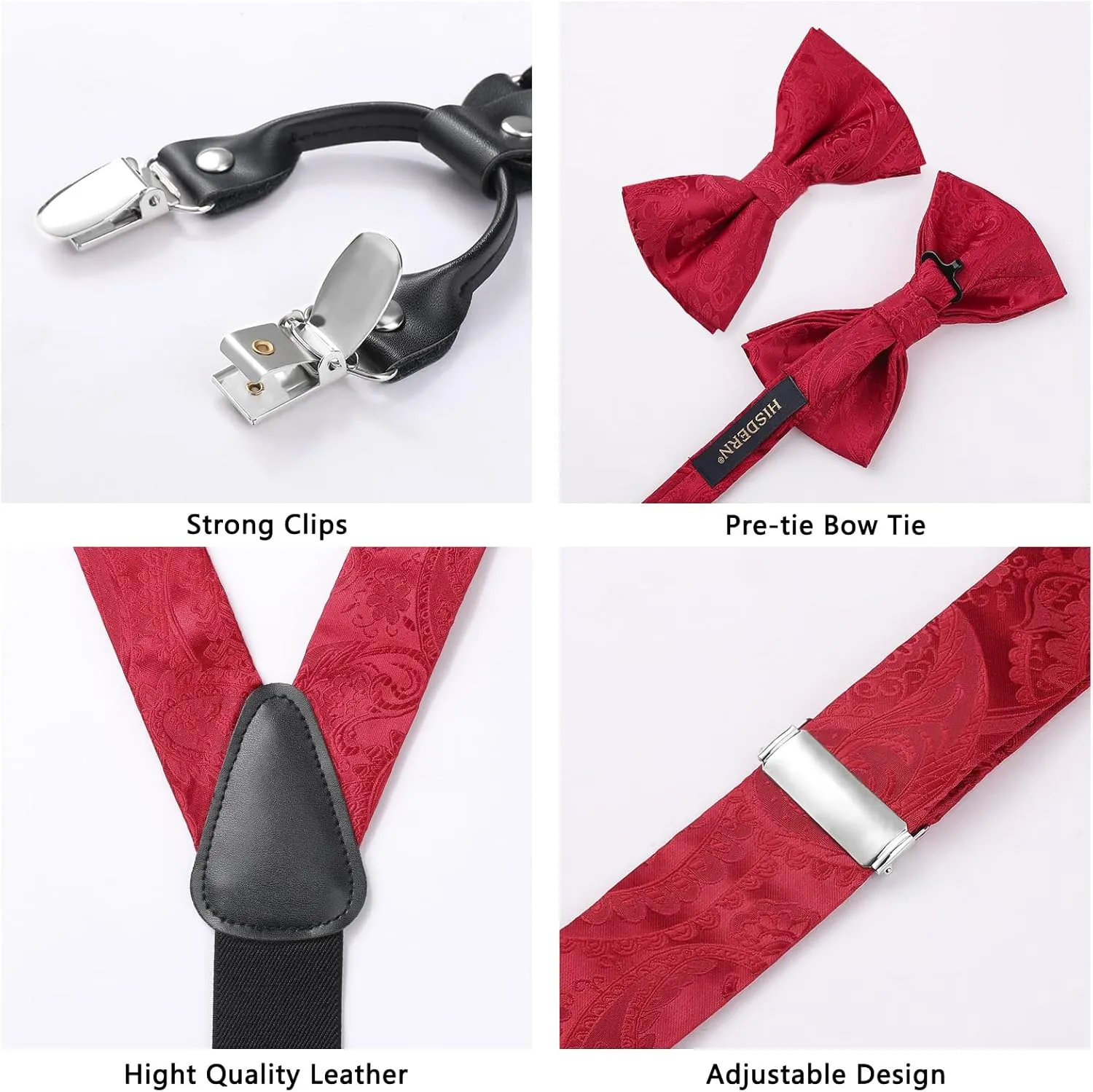 HISDERN Suspenders for Men Paisley Floral Bow tie Suspender Pocket Square Sets Adjustable Y Shape 6 Clips Wedding Braces