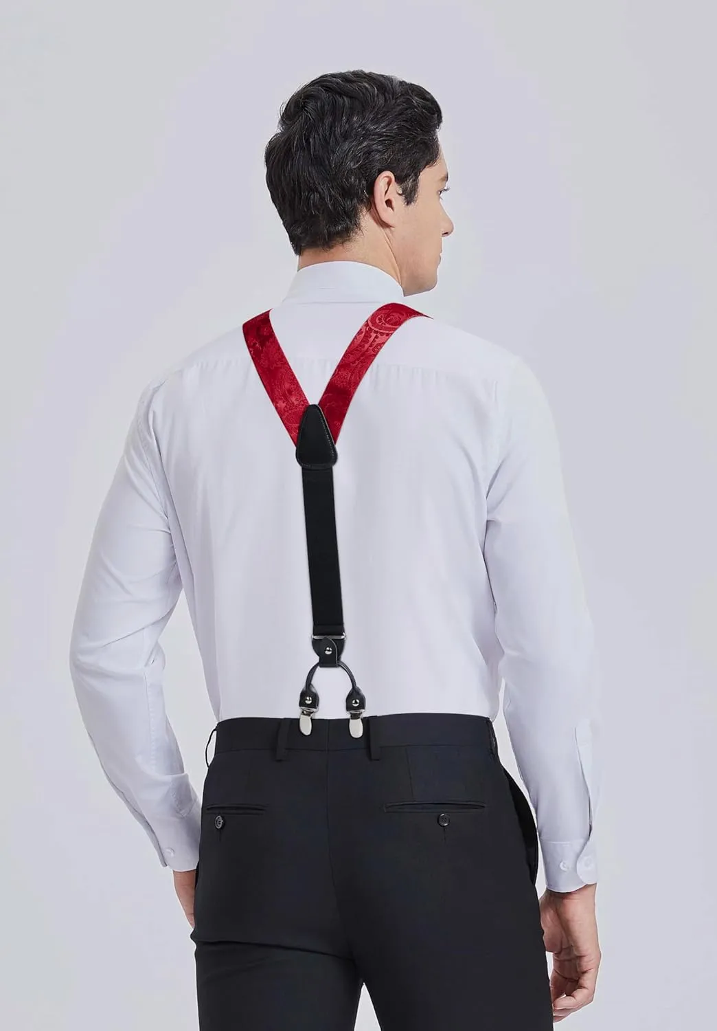 HISDERN Suspenders for Men Paisley Floral Bow tie Suspender Pocket Square Sets Adjustable Y Shape 6 Clips Wedding Braces