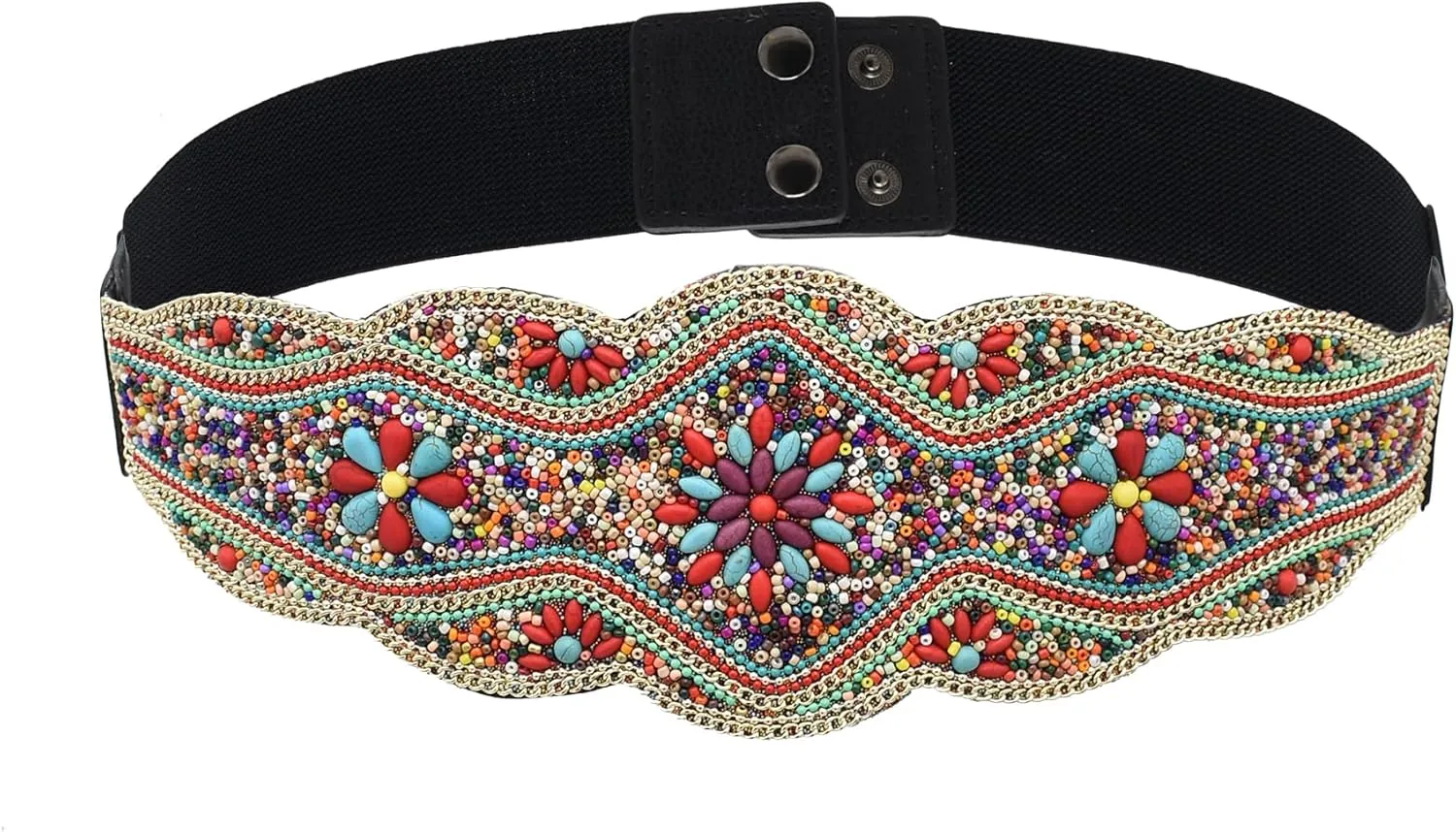 idealway Bohemian Belts for Women Wide Stretch Elastic Waist Belt Body Chain Handmade Beaded Flower Adjustable Belt