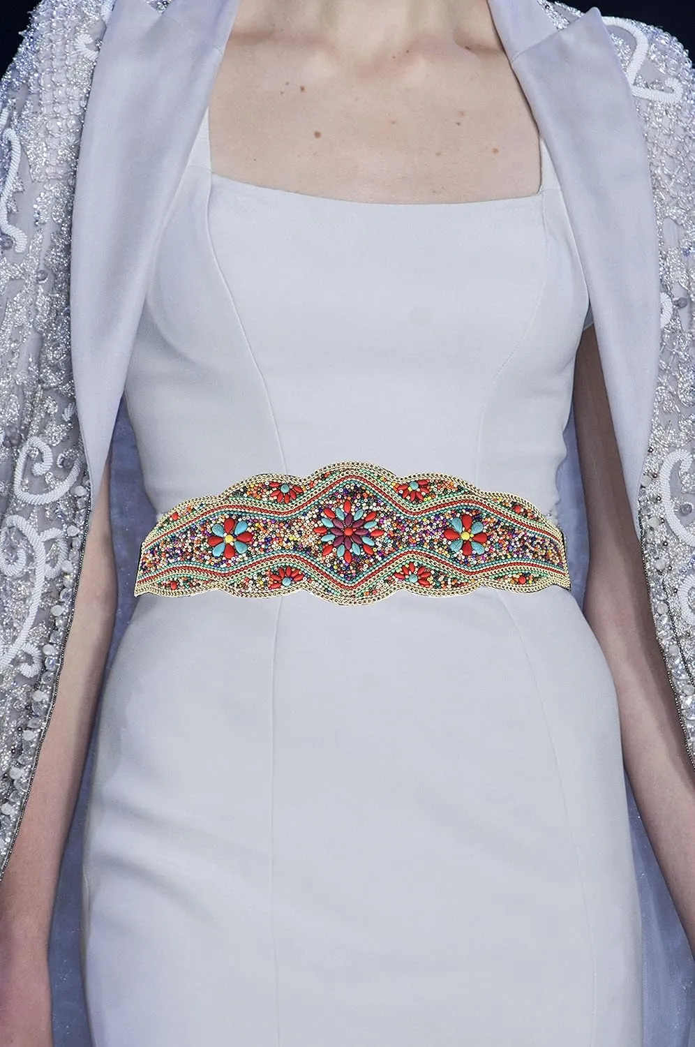 idealway Bohemian Belts for Women Wide Stretch Elastic Waist Belt Body Chain Handmade Beaded Flower Adjustable Belt