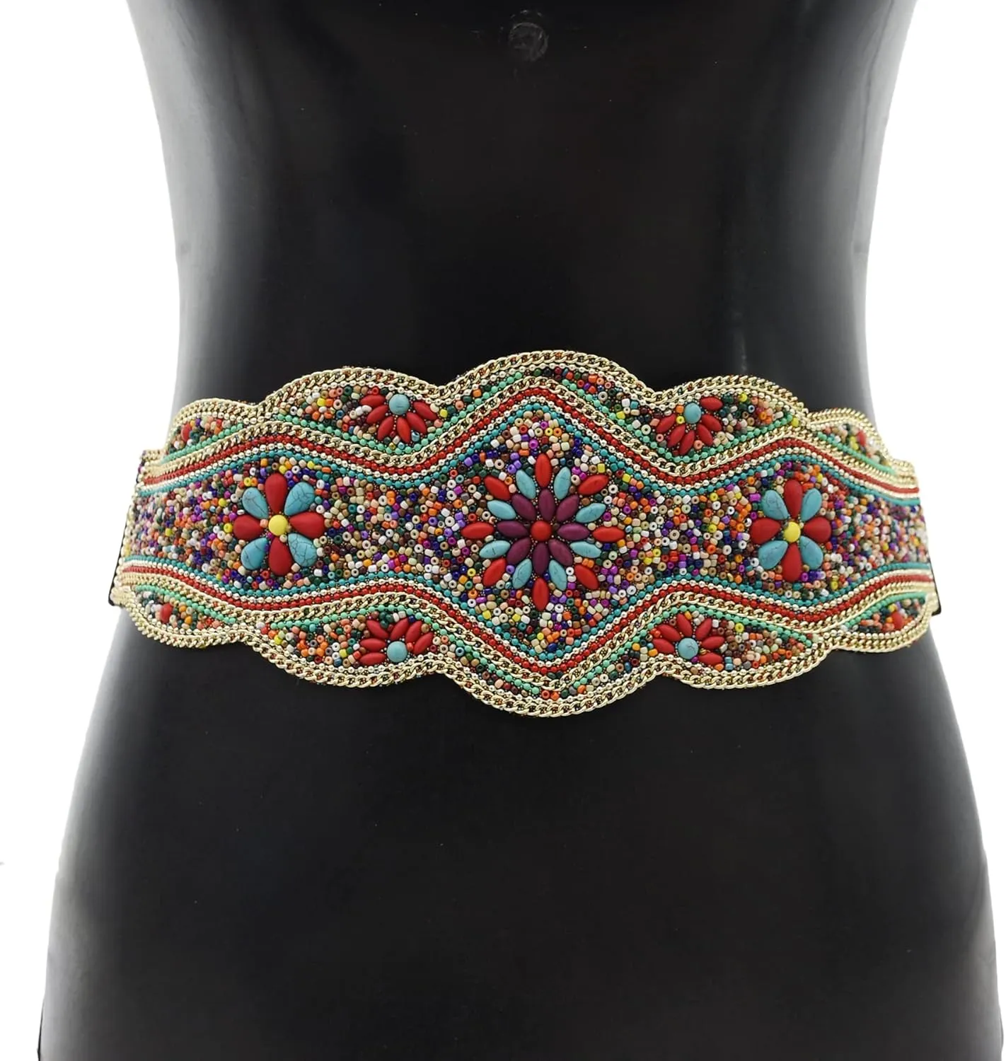 idealway Bohemian Belts for Women Wide Stretch Elastic Waist Belt Body Chain Handmade Beaded Flower Adjustable Belt