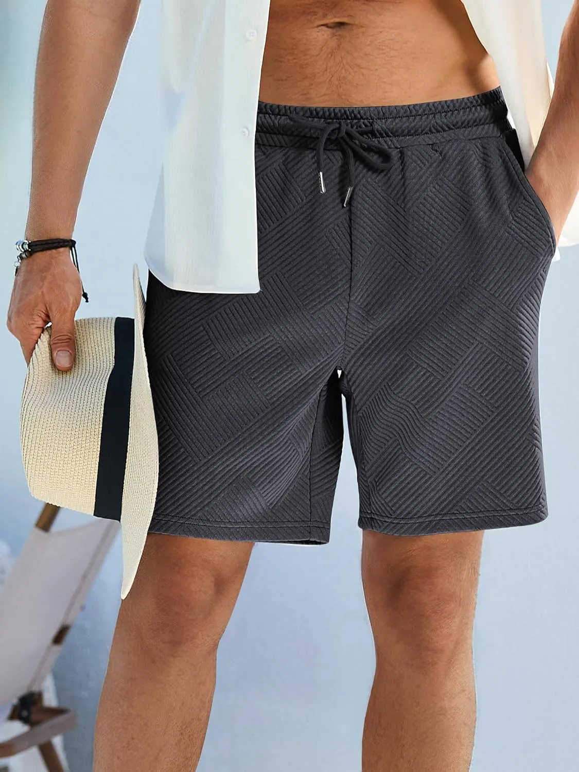 JMIERR Mens Casual 7" Shorts Summer Drawstring Elastic Waist Beach Sweat Shorts Texture with Pockets
