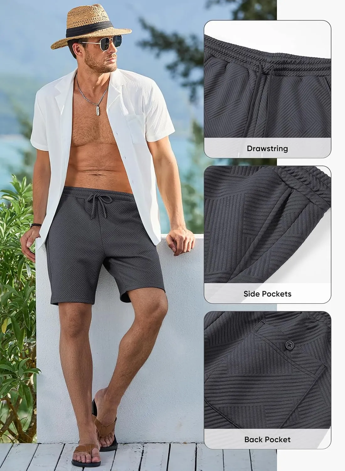 JMIERR Mens Casual 7" Shorts Summer Drawstring Elastic Waist Beach Sweat Shorts Texture with Pockets