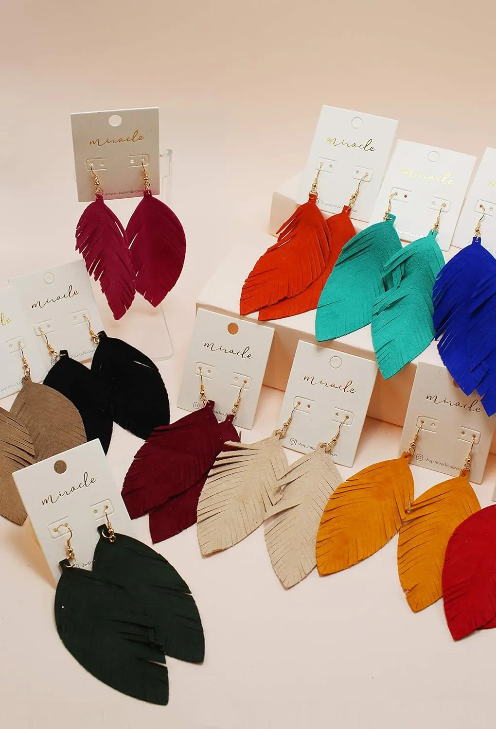 Large Genuine Soft Leather Handmade Fringe Feather Lightweight Tear Drop Dangle Color Earrings for Women Fashion
