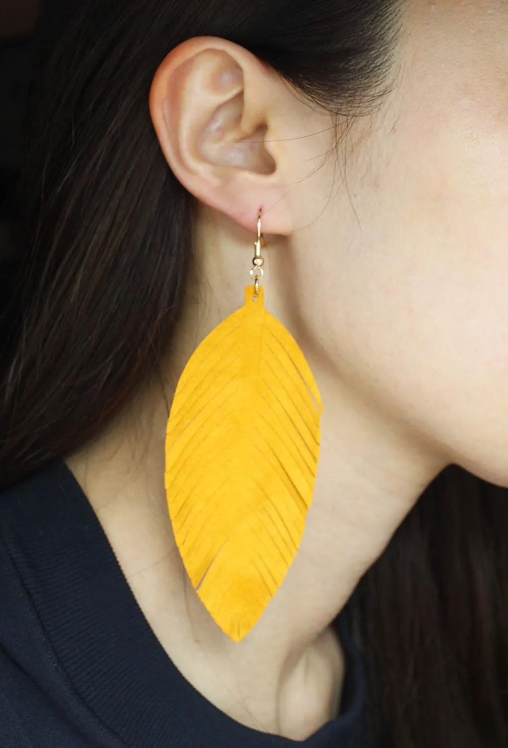 Large Genuine Soft Leather Handmade Fringe Feather Lightweight Tear Drop Dangle Color Earrings for Women Fashion