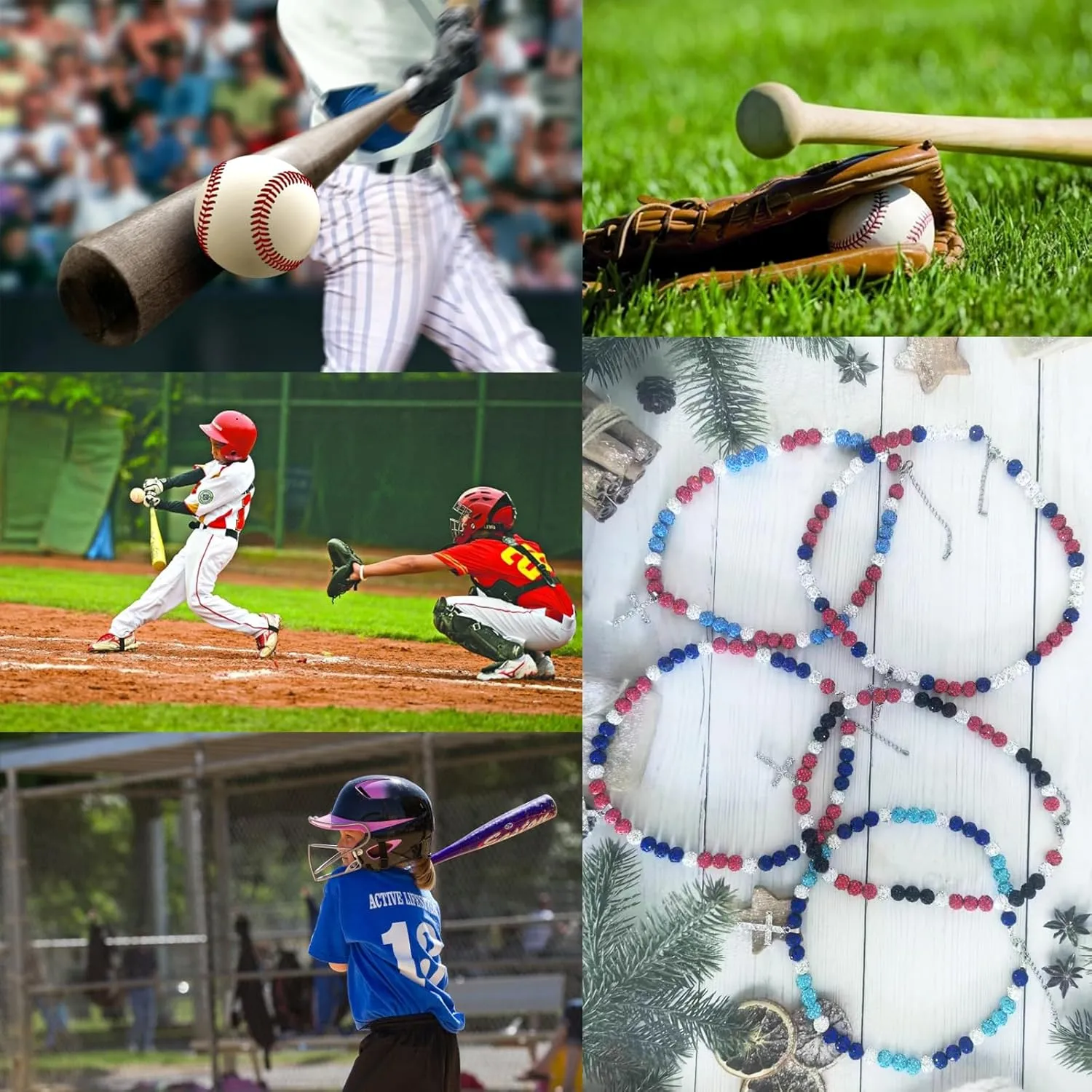 LIYAPEI Bling Ice Collection Baseball Necklace for Boys, crucifix cross pendant necklace colorful Rhinestone Beads Beaded Necklace for Men Women Baseball Team Lovers