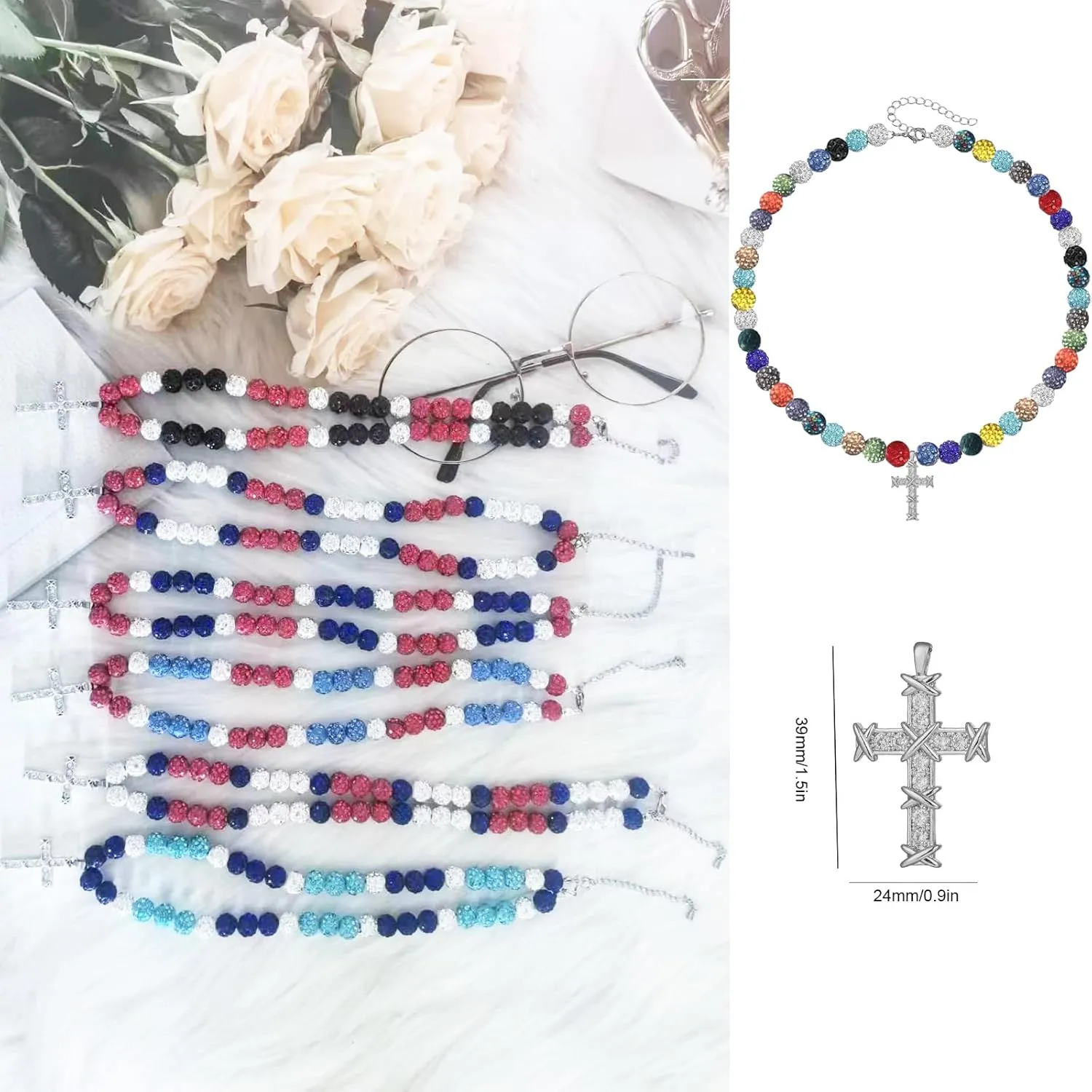 LIYAPEI Bling Ice Collection Baseball Necklace for Boys, crucifix cross pendant necklace colorful Rhinestone Beads Beaded Necklace for Men Women Baseball Team Lovers