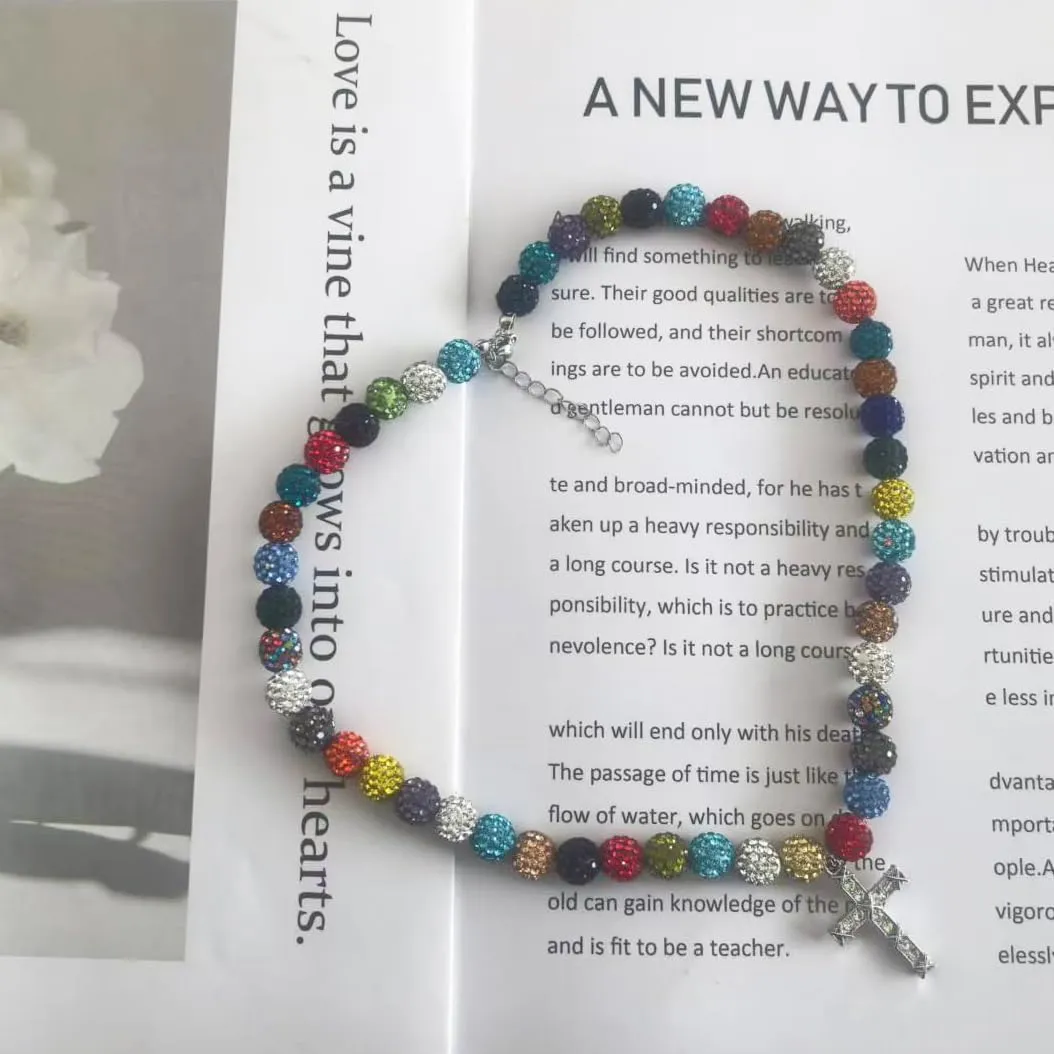 LIYAPEI Bling Ice Collection Baseball Necklace for Boys, crucifix cross pendant necklace colorful Rhinestone Beads Beaded Necklace for Men Women Baseball Team Lovers