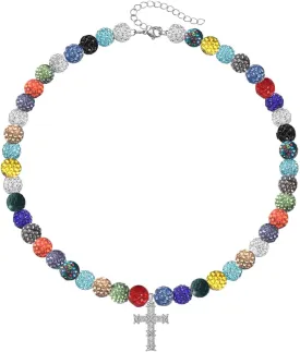 LIYAPEI Bling Ice Collection Baseball Necklace for Boys, crucifix cross pendant necklace colorful Rhinestone Beads Beaded Necklace for Men Women Baseball Team Lovers