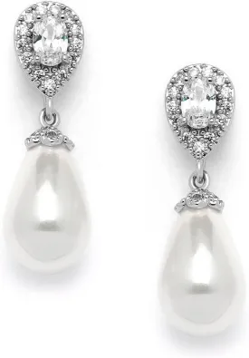 Mariell Pearl Bridal Wedding Drop Earrings with CZ Crystals for Brides, Bridesmaids, Birthday Gift
