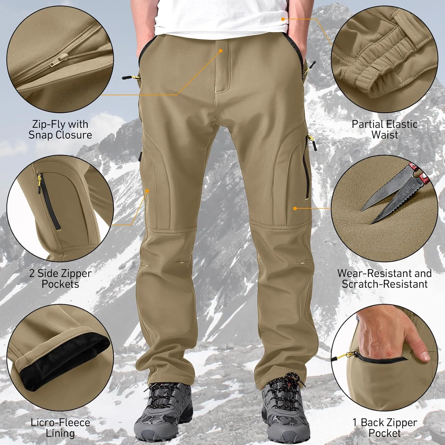 Mens Hiking Waterproof Pants Snow Ski Insulated Fleece Lined Winter Fishing Walking Outdoor Pants