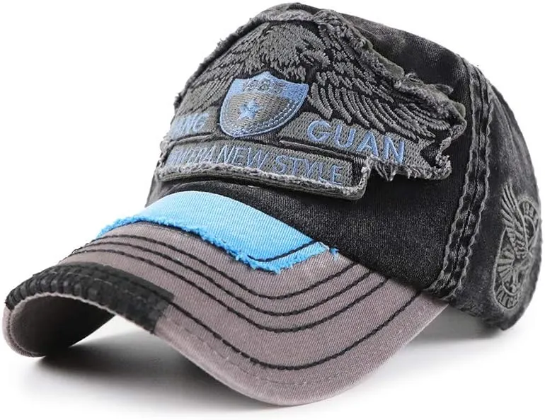 Men's Oilcloth Front Decor Washed Distressed Embroidery Baseball Cap Driver Trucker Hat with Eagle & Shark Patch
