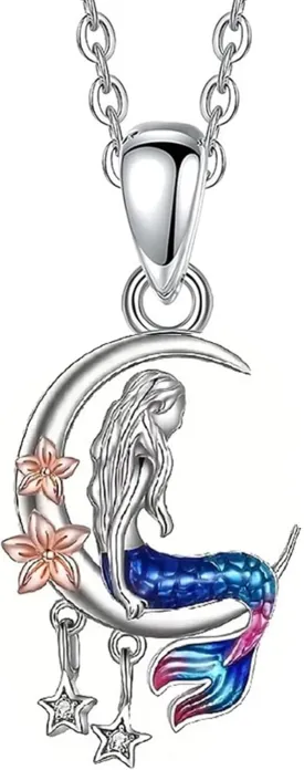 Mermaid Moon Pendant Necklace, Sterling Silver Chain, Blue and Pink Enamel with Rose Gold Flowers and Crystal Stars Necklace