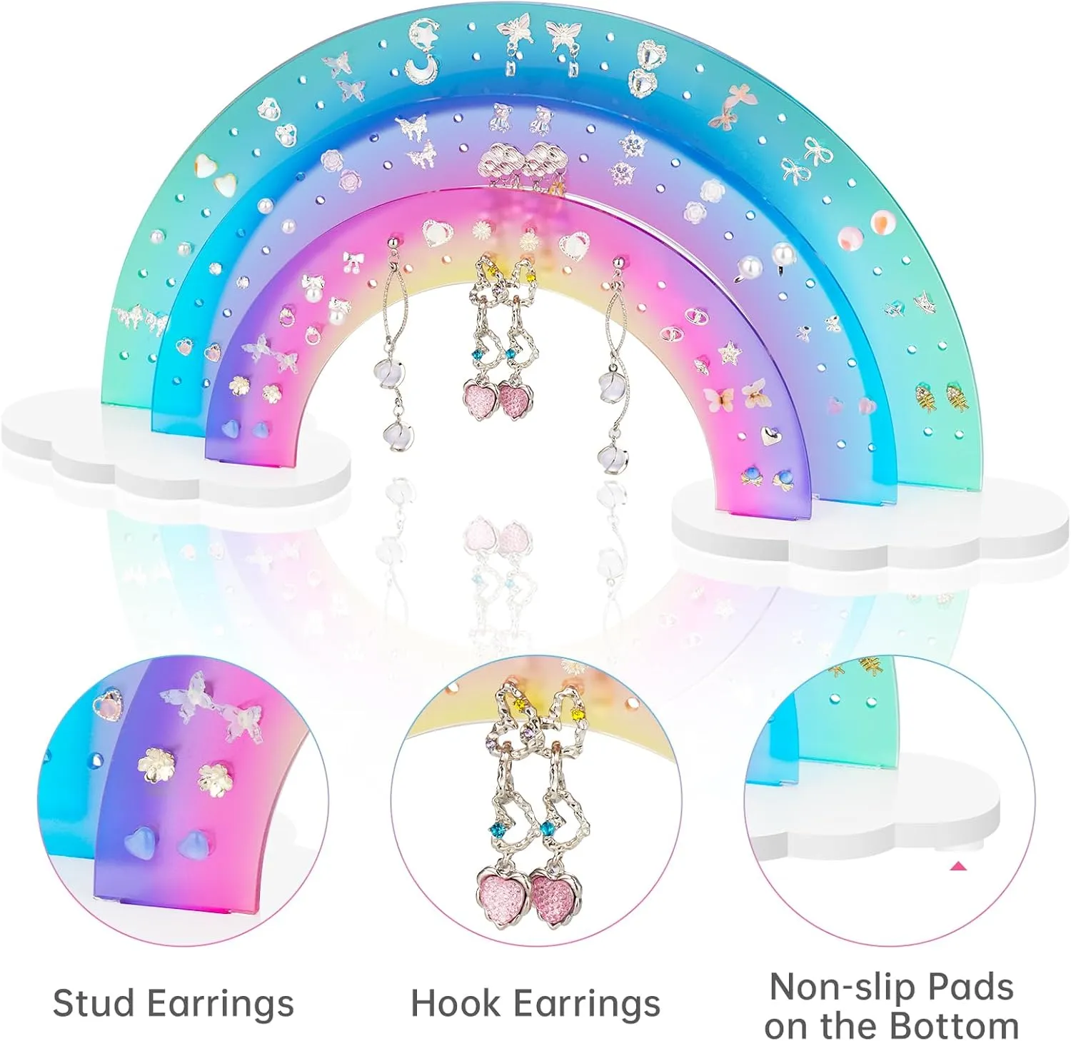 NiHome 3-Tier Acrylic Rainbow Earring Organizer, 14" W x 6.3" H Lightweight and Durable Design 140 Holes for 70 Pairs, Unique Front Row for Special Earrings (Blue-Purple Gradient Colors)