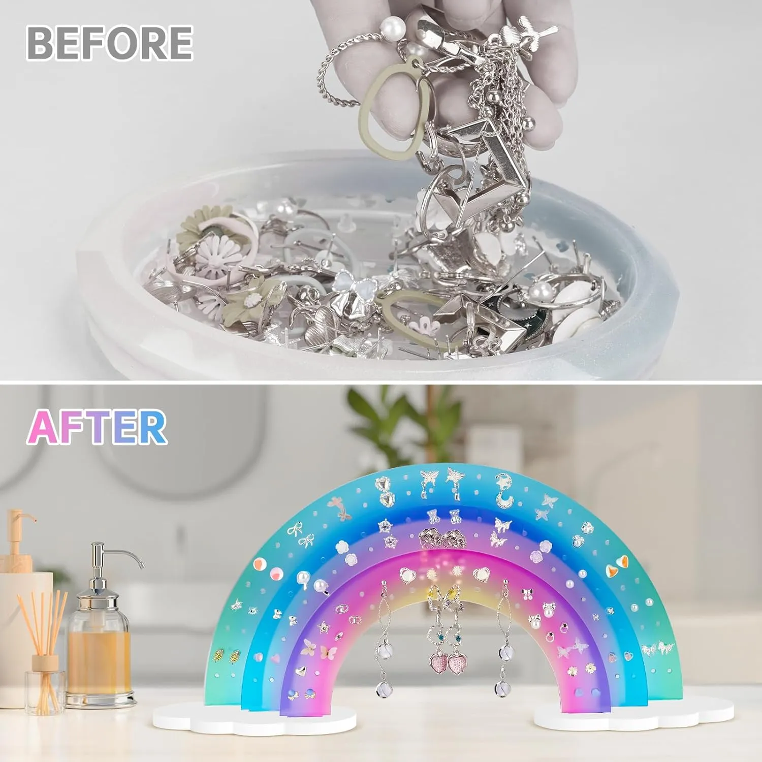 NiHome 3-Tier Acrylic Rainbow Earring Organizer, 14" W x 6.3" H Lightweight and Durable Design 140 Holes for 70 Pairs, Unique Front Row for Special Earrings (Blue-Purple Gradient Colors)