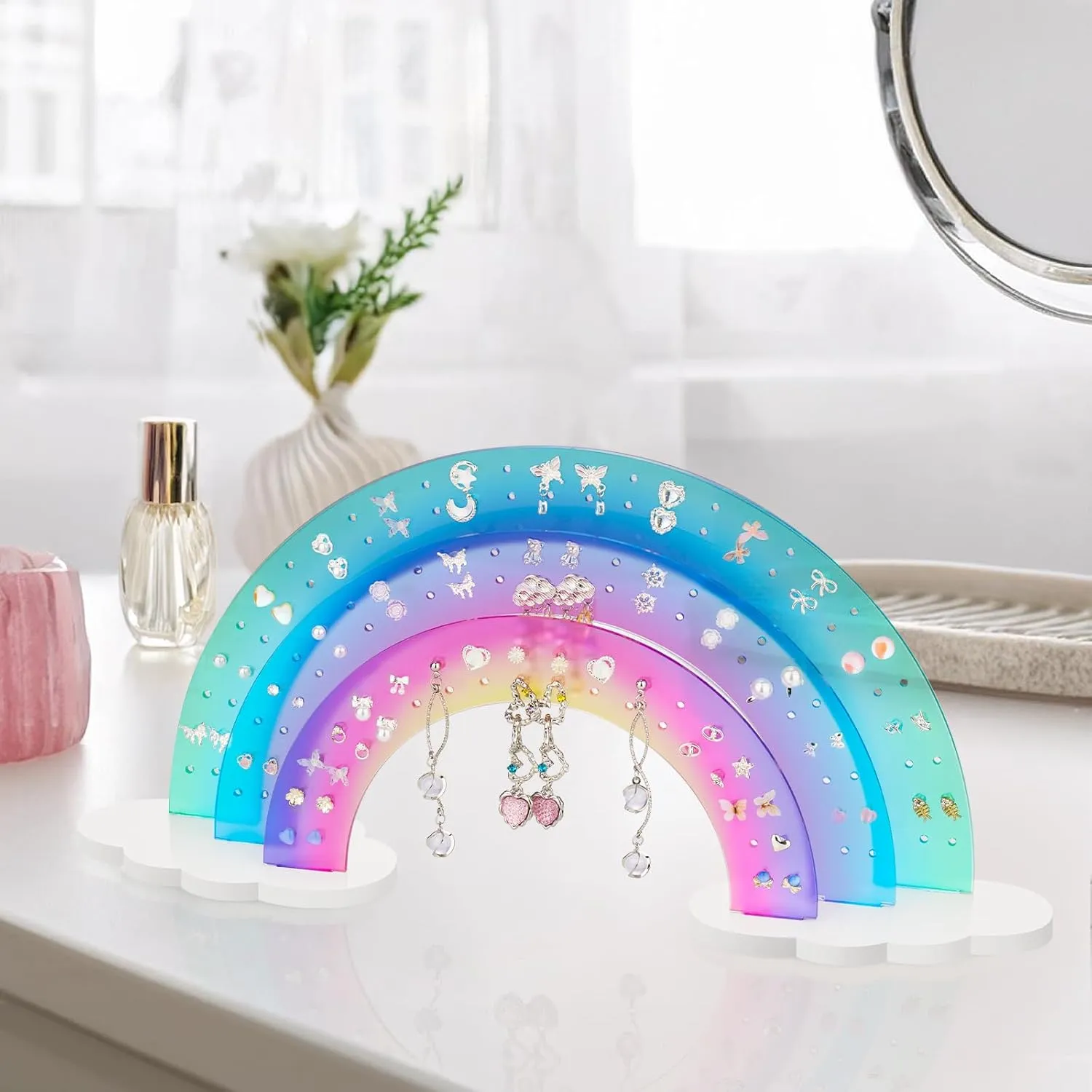 NiHome 3-Tier Acrylic Rainbow Earring Organizer, 14" W x 6.3" H Lightweight and Durable Design 140 Holes for 70 Pairs, Unique Front Row for Special Earrings (Blue-Purple Gradient Colors)
