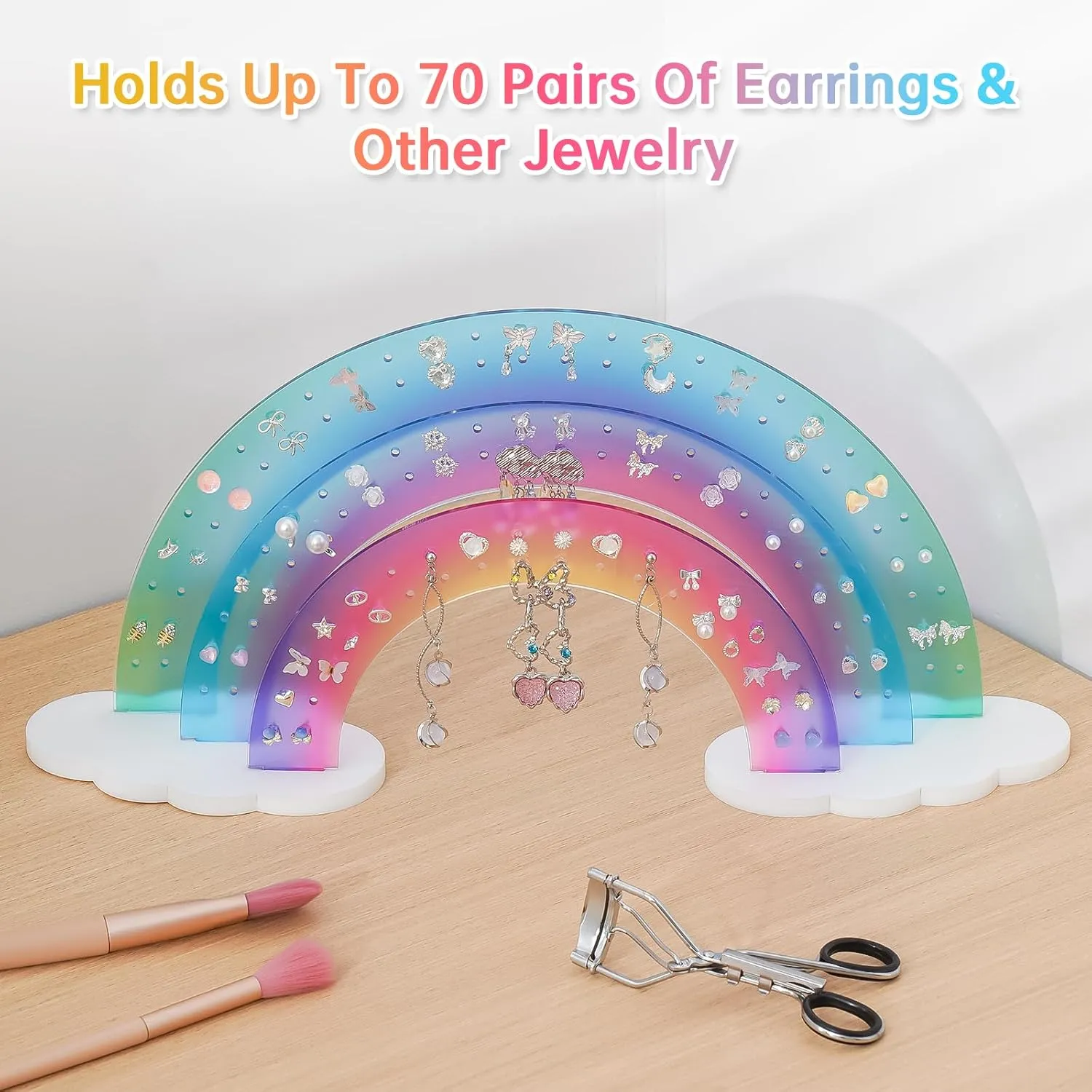 NiHome 3-Tier Acrylic Rainbow Earring Organizer, 14" W x 6.3" H Lightweight and Durable Design 140 Holes for 70 Pairs, Unique Front Row for Special Earrings (Blue-Purple Gradient Colors)