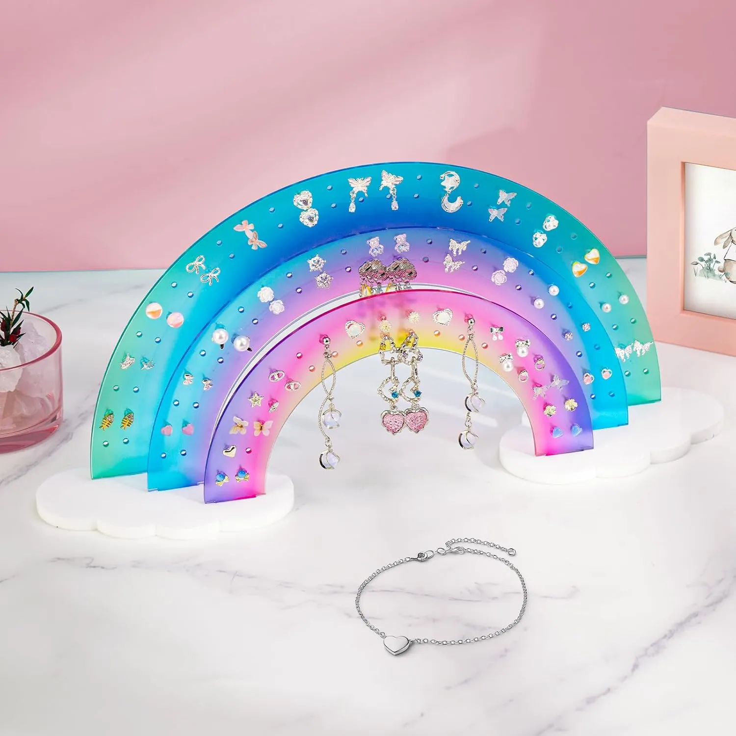 NiHome 3-Tier Acrylic Rainbow Earring Organizer, 14" W x 6.3" H Lightweight and Durable Design 140 Holes for 70 Pairs, Unique Front Row for Special Earrings (Blue-Purple Gradient Colors)