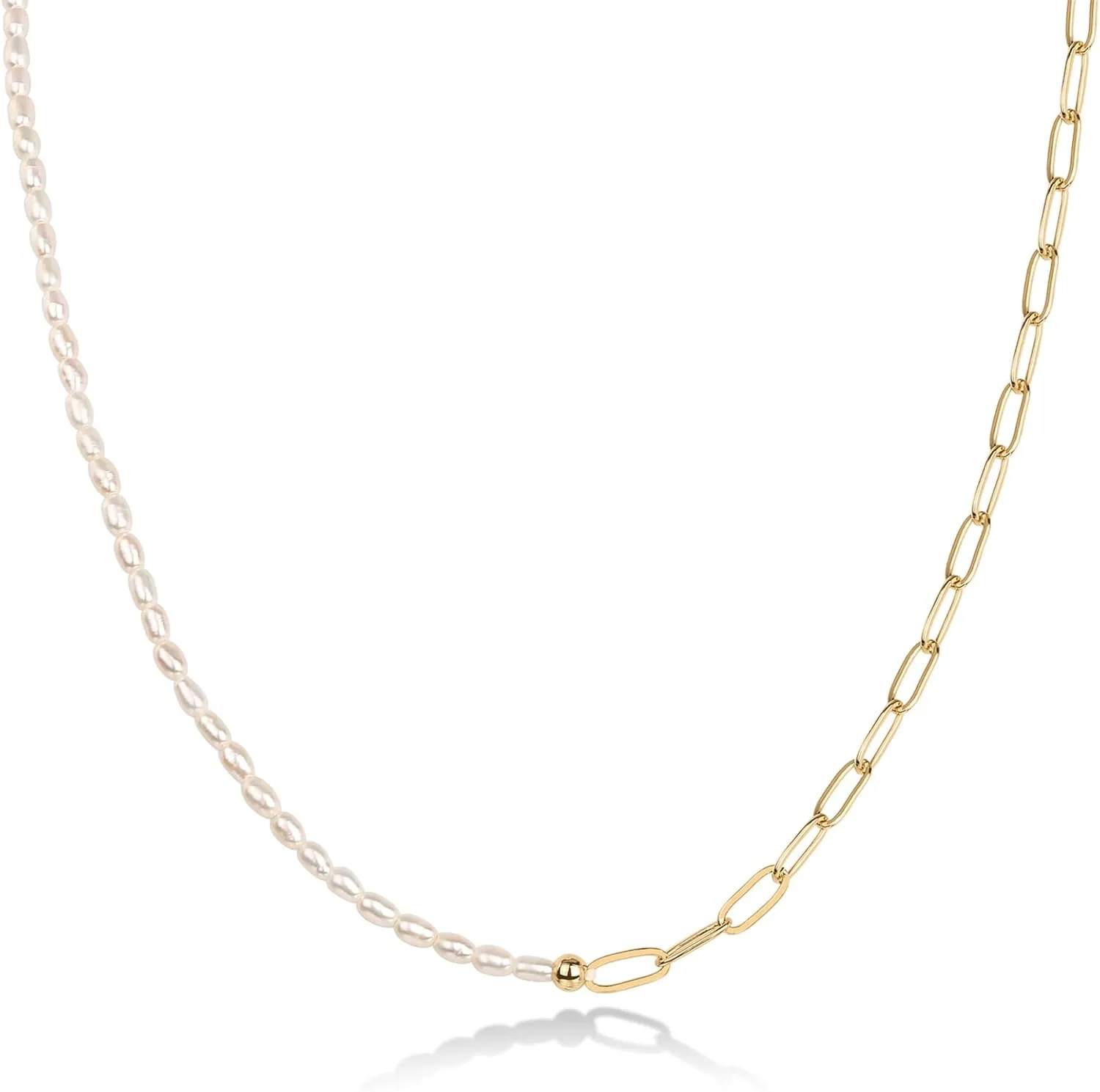 PAVOI 14K-18K Gold Plated Dainty Pearl Necklaces for Women - Station Beaded Choker Paperclip Chain Gold Pearl Necklace Bridal Jewelry