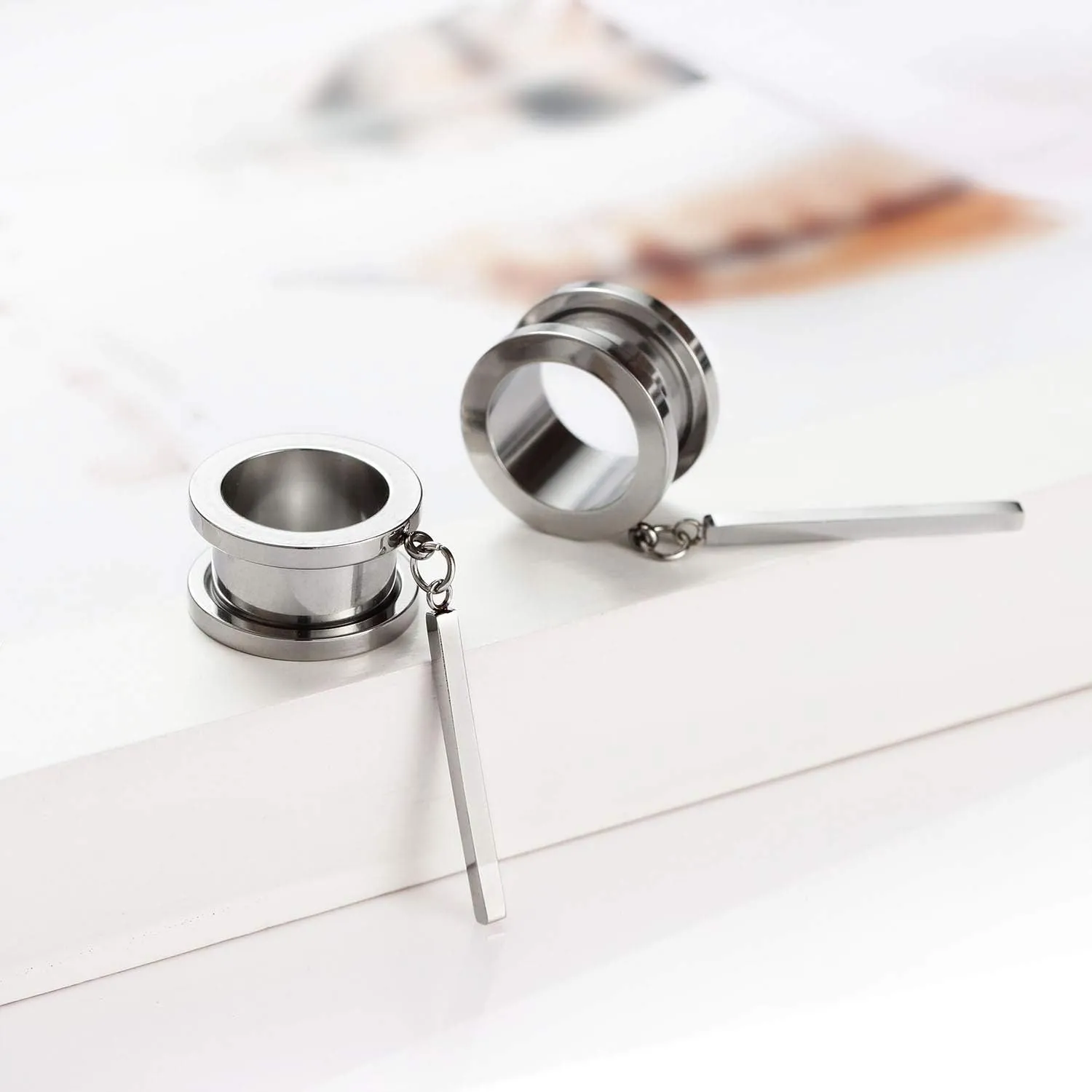 PEAKLINK Minimalist Vertical Bar Geometric Dangle Ear Tunnels Surgical Steel Expander Dangle Gauges Stretcher Piercing