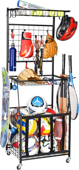 PLKOW Sports Equipment Storage for Garage, Indoor/Outdoor Sports Rack for Garage, Ball Storage Garage Organizer with Basket and Hooks,Toy/Sports Gear Storage
