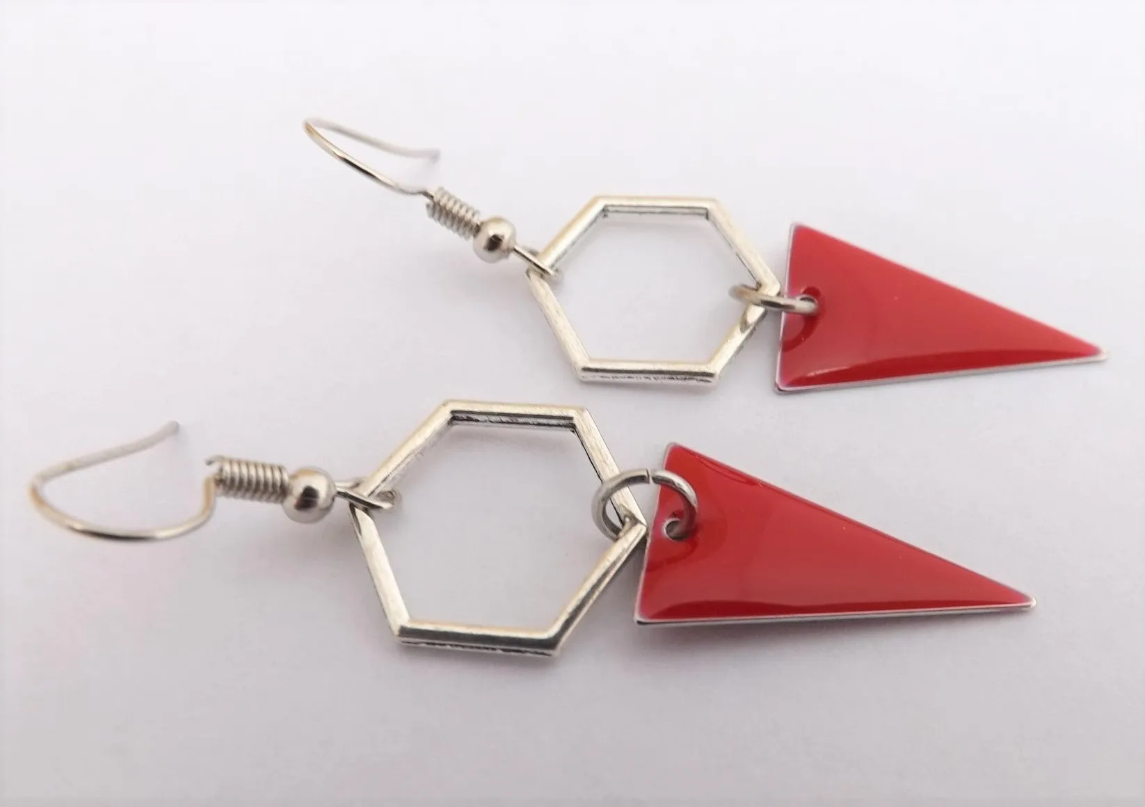 Red & Silver Tone Geometric Drop Earrings