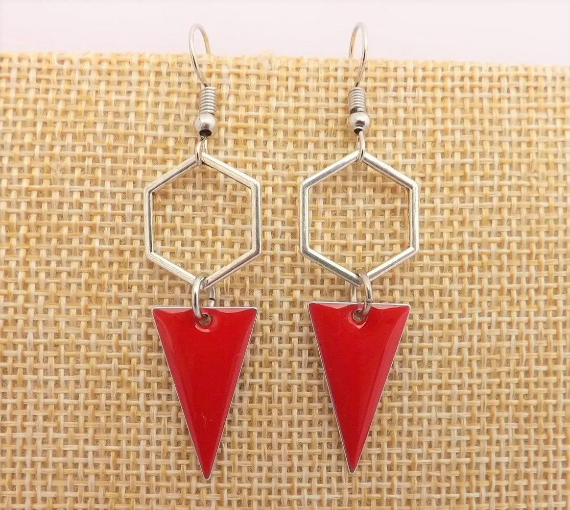 Red & Silver Tone Geometric Drop Earrings