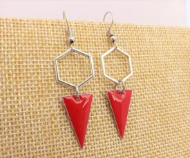 Red & Silver Tone Geometric Drop Earrings