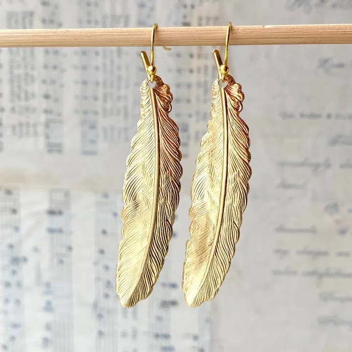 Red Truck Designs Gold Feather Earrings Bohemian Feather Charm Earrings