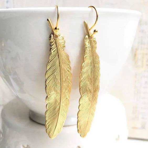 Red Truck Designs Gold Feather Earrings Bohemian Feather Charm Earrings