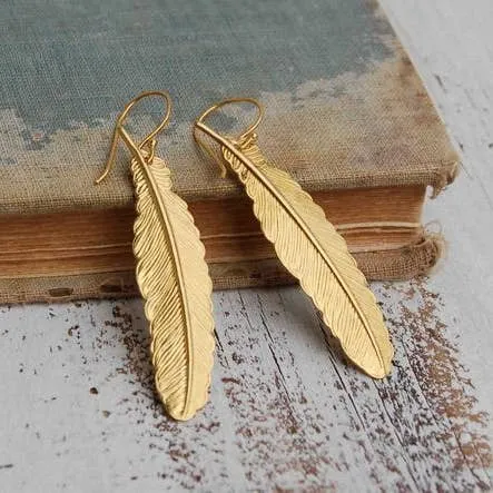 Red Truck Designs Gold Feather Earrings Bohemian Feather Charm Earrings