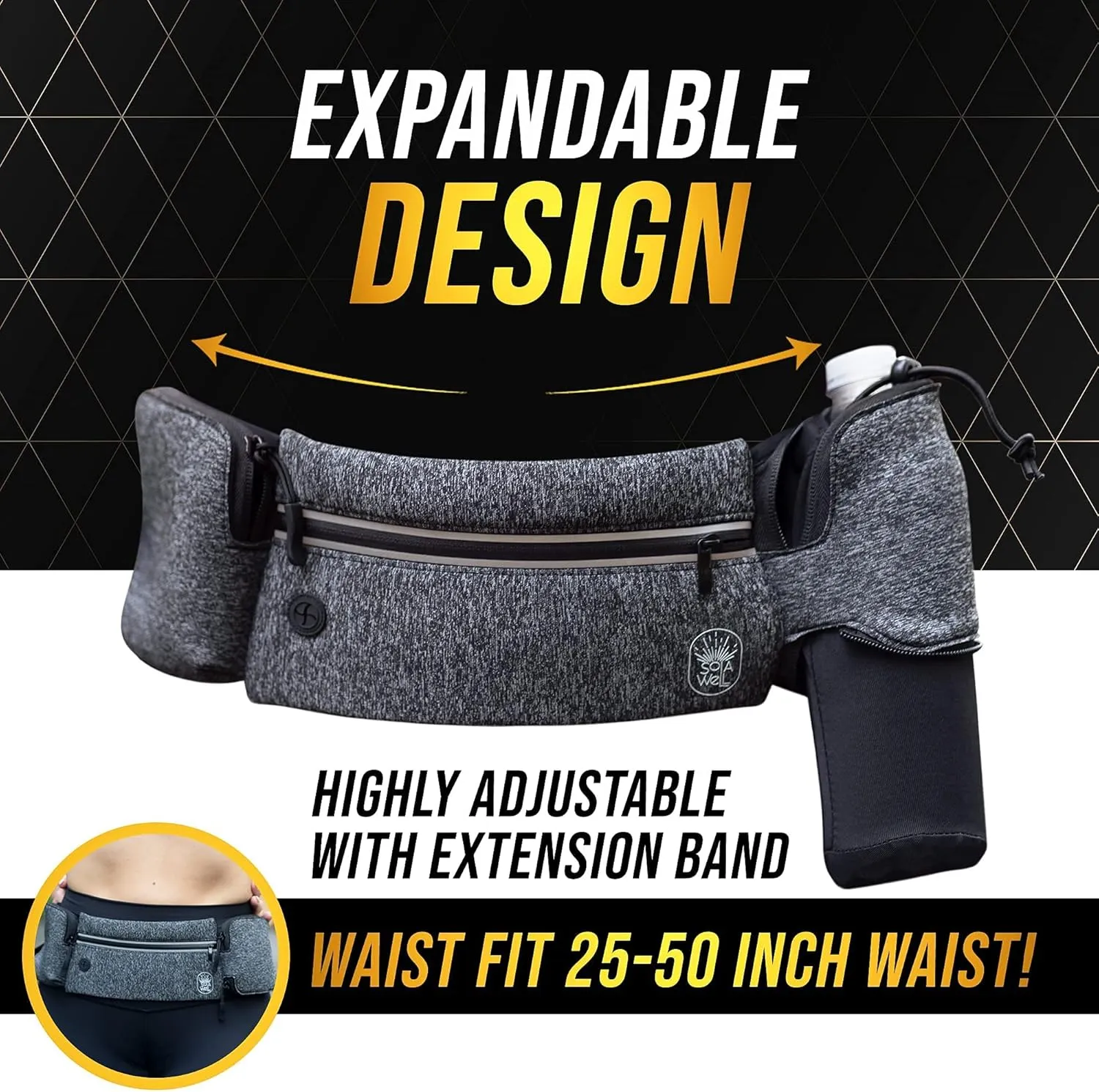Running Belt with Water Bottle Holder - Waist Bag With Extender for Jogging, Hiking, Cycling, Walking - Dog Walker Hydration Fanny Pack - Sport Pouch iPhone Carrier for Women and Men - Gray