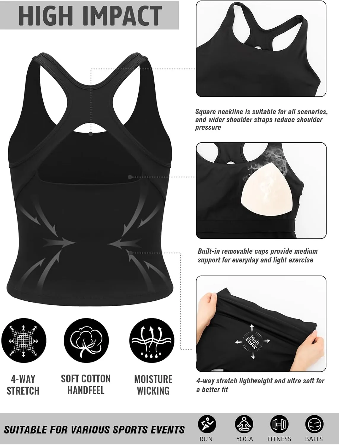 RUNNING GIRL Sports Bras for Women, Longline Racerback Crop Tank Top Compression Yoga Workout Tops with Removable Pads