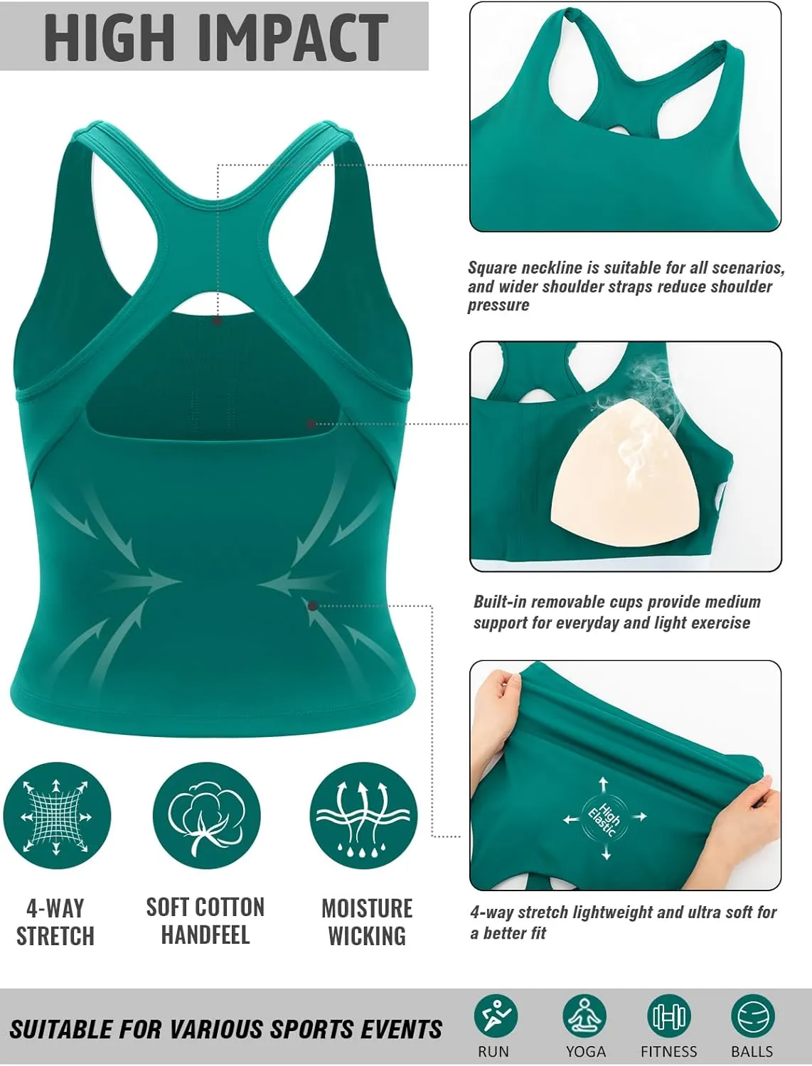 RUNNING GIRL Sports Bras for Women, Longline Racerback Crop Tank Top Compression Yoga Workout Tops with Removable Pads
