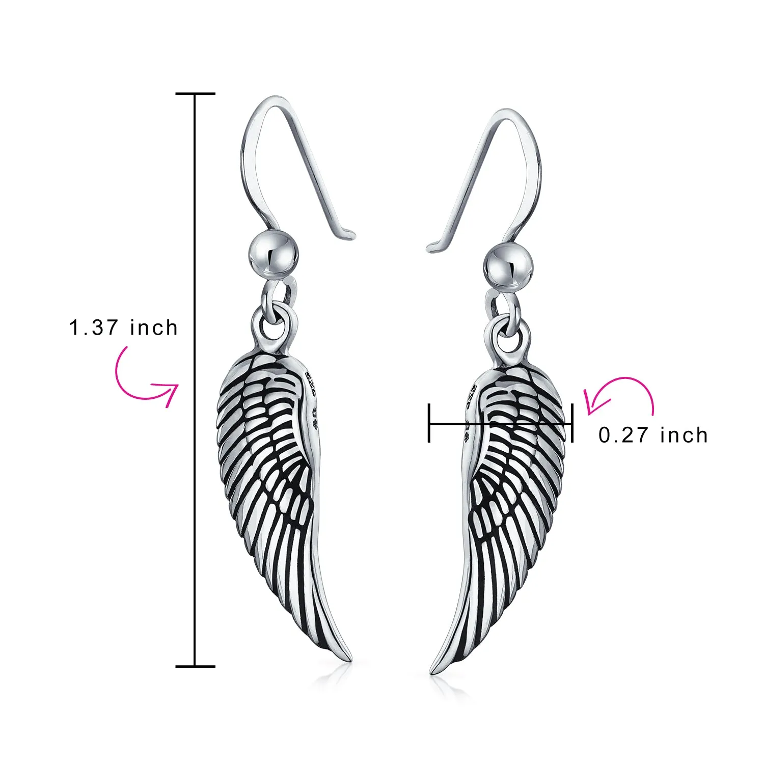 Spiritual Amulet Feathered Heart Angel Wing Dangle Earrings Sterling Silver