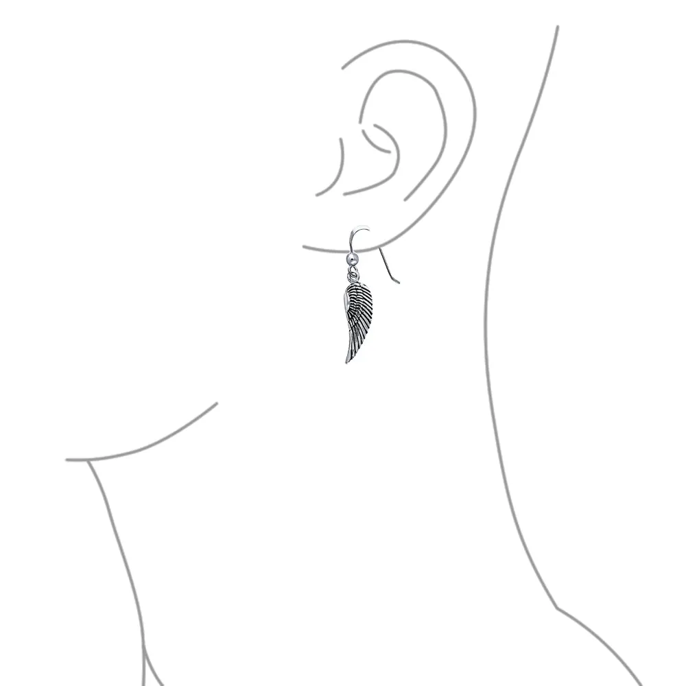 Spiritual Amulet Feathered Heart Angel Wing Dangle Earrings Sterling Silver